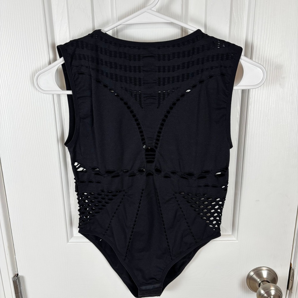 Black Laser Cut Perforated Sleeveless Bodysuit One Size